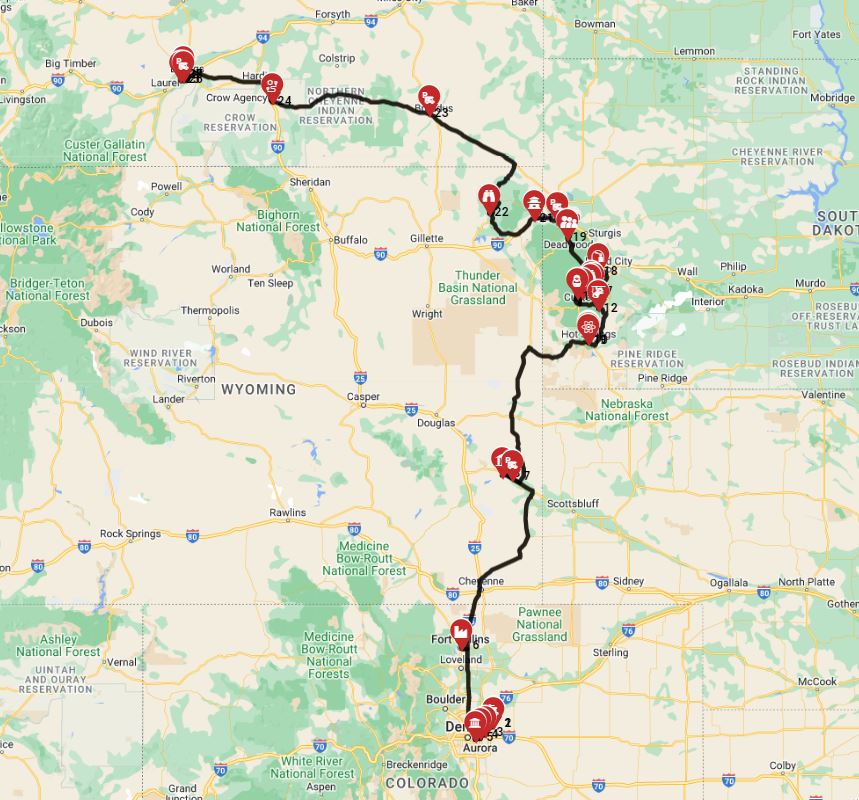 Motorhome camping trip route from Denver to Billings with an RV